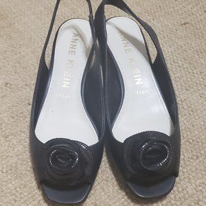 Anne Klein Patent Rosette Slingback Wedge Peep Toe